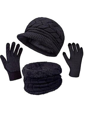 Womens Winter Hat Gloves Scarf Set Knit Beanie Touchscreen Warm Fleece
